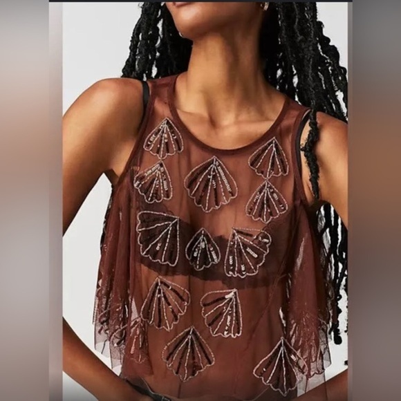 Free People chocolate Brown Tulsi Mesh Sheer Beaded Sequin cutout tank top sz XS - Picture 2 of 3